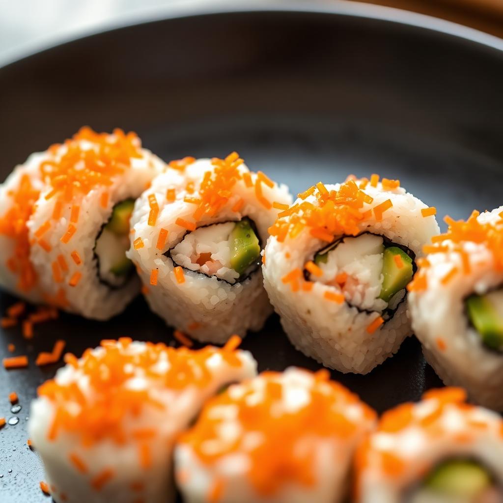 California rolls recouverts de tobiko orange sur ardoise noire