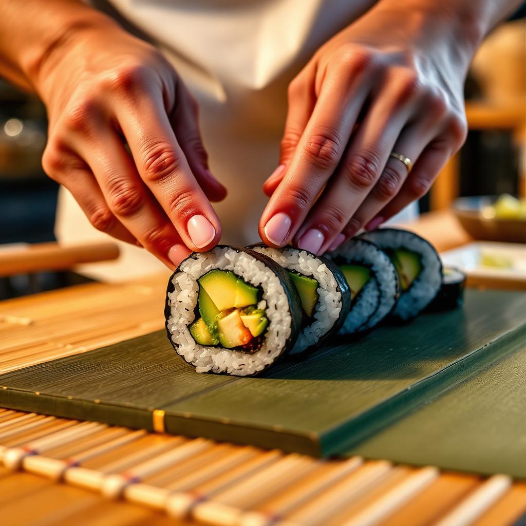 Mains roulant un maki inversé sur une natte en bambou