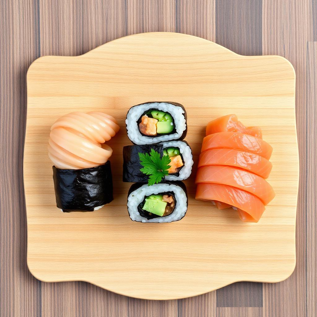 Comparatif d'un nigiri, d'un maki et d'un sushi sur planche en bois
