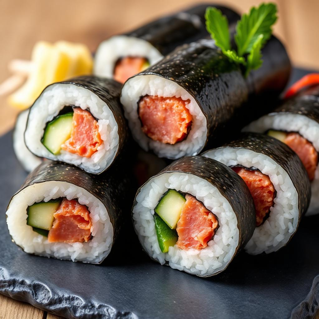 Makis coupés révélant la garniture de thon et concombre
