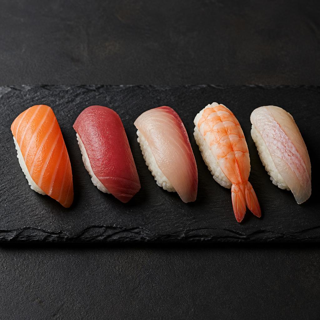 Rangée de nigiri sushi sur un long plat en céramique noire