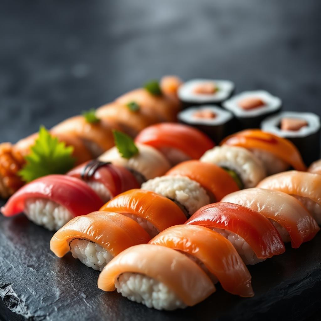 Assortiment de sushis nigiri et maki sur ardoise